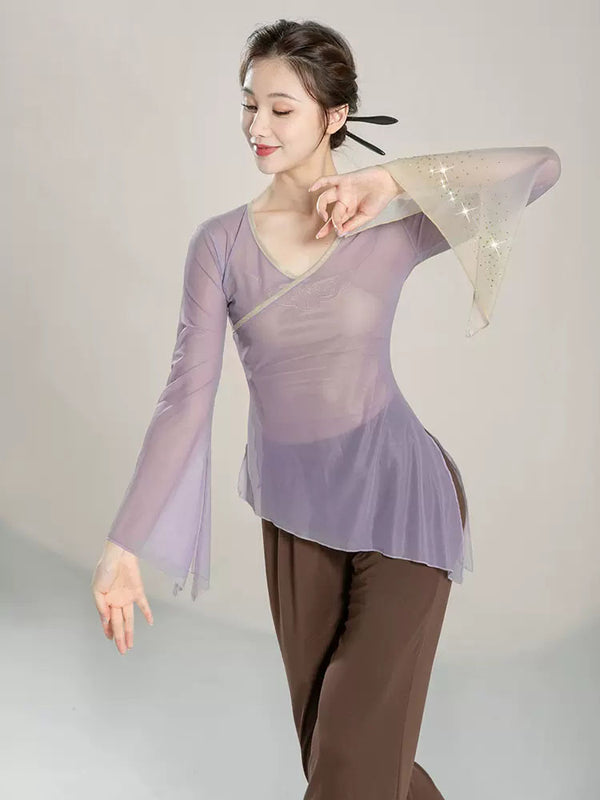 Classical Dance Clothes Long Sleeved Hot Drill Gauze Top Oriental Dance Training Clothes - Dorabear