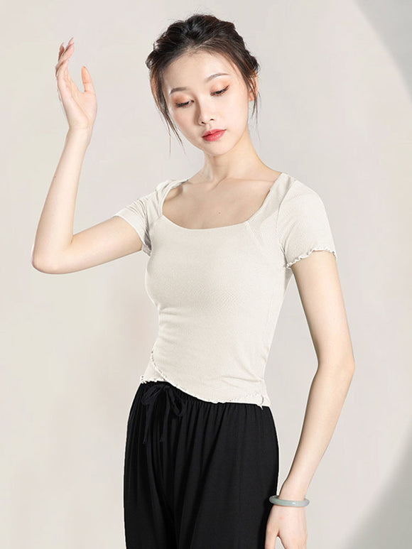 Classical Dance Clothes Short Sleeved Training Clothes with Wooden Ear Edge Summer Top - Dorabear