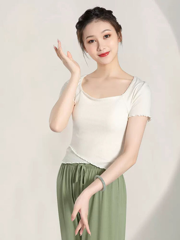 Classical Dance Clothes Short Sleeved Training Clothes with Wooden Ear Edge Summer Top - Dorabear