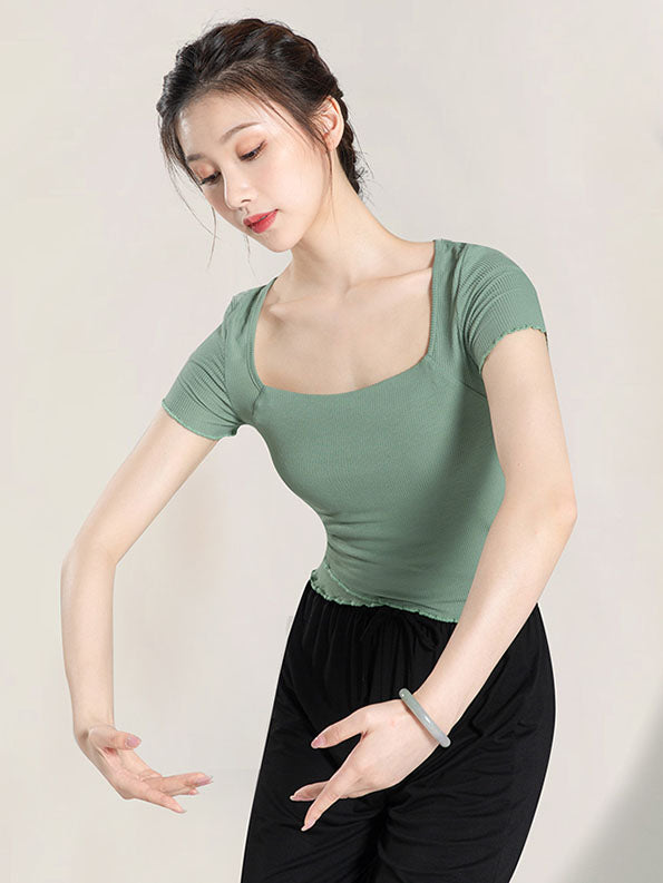 Classical Dance Clothes Short Sleeved Training Clothes with Wooden Ear Edge Summer Top - Dorabear