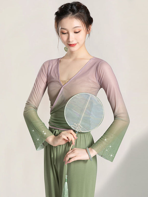 Classical Dance Costume Gradient Color Gauze Clothing Oriental Dance Practice Top - Dorabear