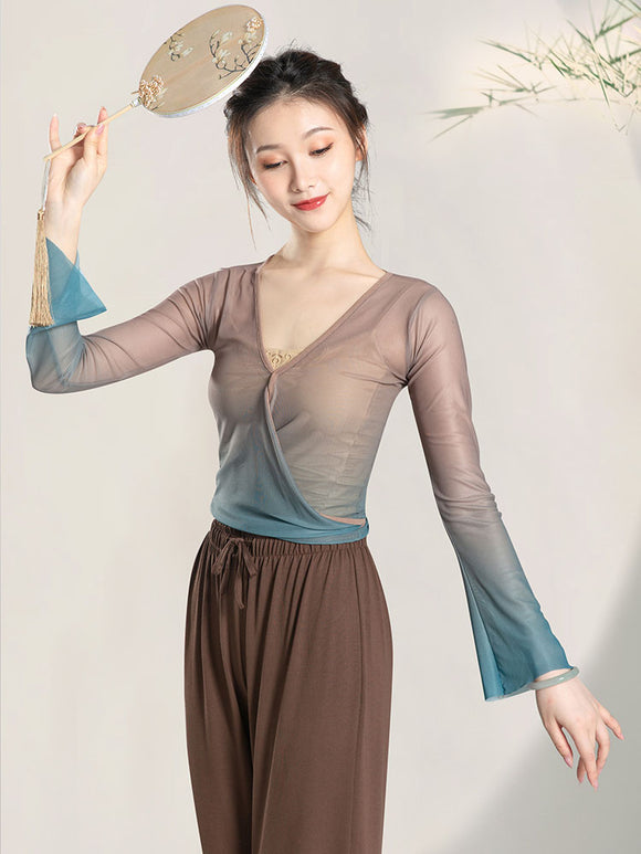 Classical Dance Costume Gradual Color Oriental Dance Top Frenulum Training Gauze Clothes - Dorabear