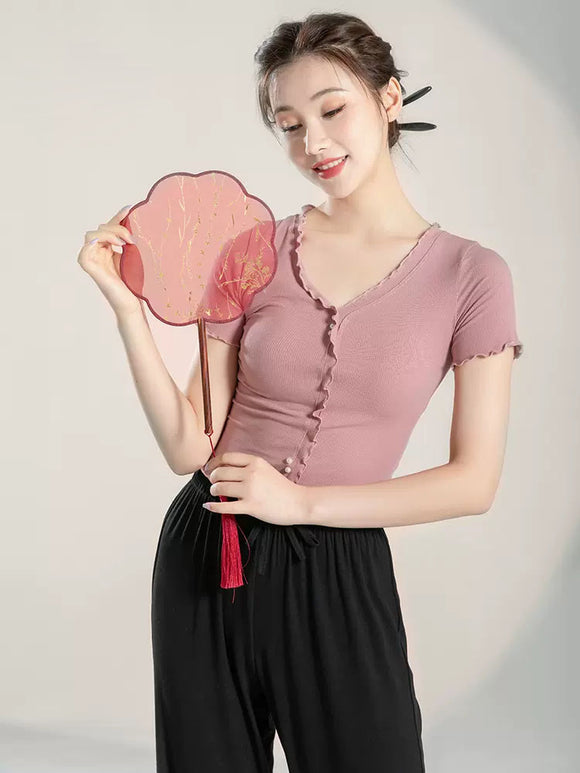 Classical Dance Costume Summer Short Sleeve Training Shirt Pearl Ear Edge Top - Dorabear