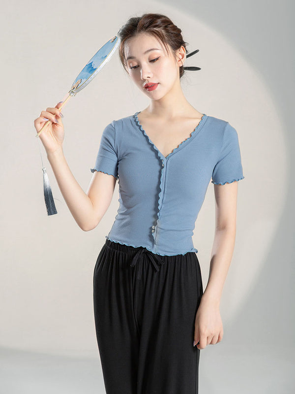 Classical Dance Costume Summer Short Sleeve Training Shirt Pearl Ear Edge Top - Dorabear