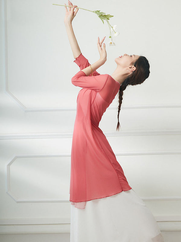 Classical Dance Costumes Long Gauze Cardigan Contrasting Color Practice Clothes - Dorabear