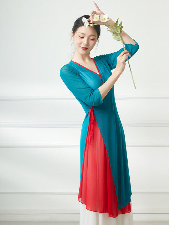 Classical Dance Costumes Long Gauze Cardigan Contrasting Color Practice Clothes - Dorabear