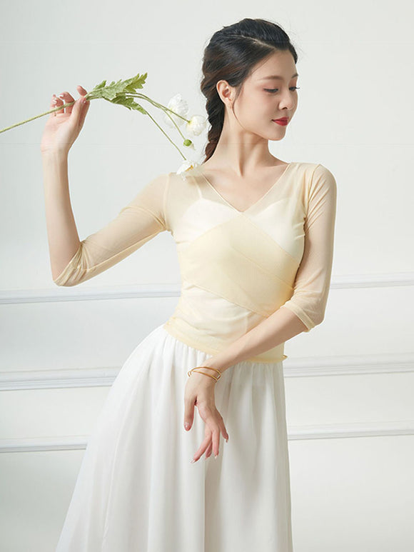 Classical Dance Costumes Oriental Dance Practice Clothes Long-sleeved Gauze Top - Dorabear