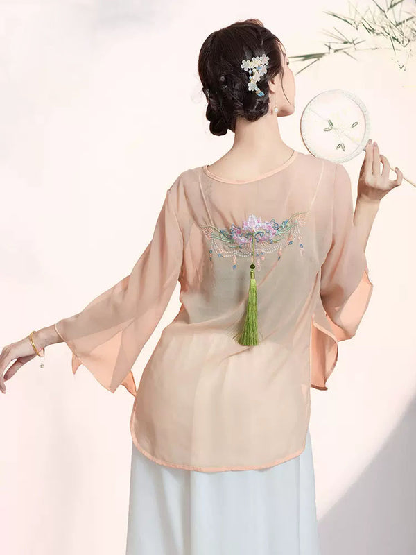 Classical Dance Embroidered Gauze Blouse Elegant Chiffon Oriental Dance Performance Top - Dorabear