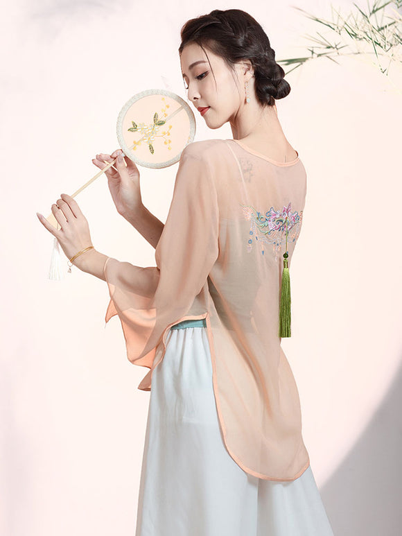 Classical Dance Embroidered Gauze Blouse Elegant Chiffon Oriental Dance Performance Top - Dorabear