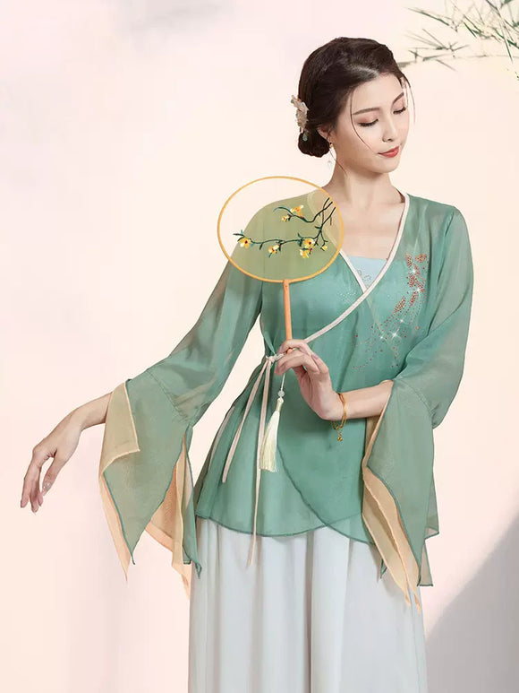 Classical Dance Gauze Clothing Contrast Color cloak Dance Practice Clothes Long-sleeved Top - Dorabear