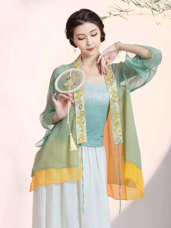 Classical Dance Gauze Top Contrast Color Chiffon Clothing Oriental Style Performance Costume - Dorabear
