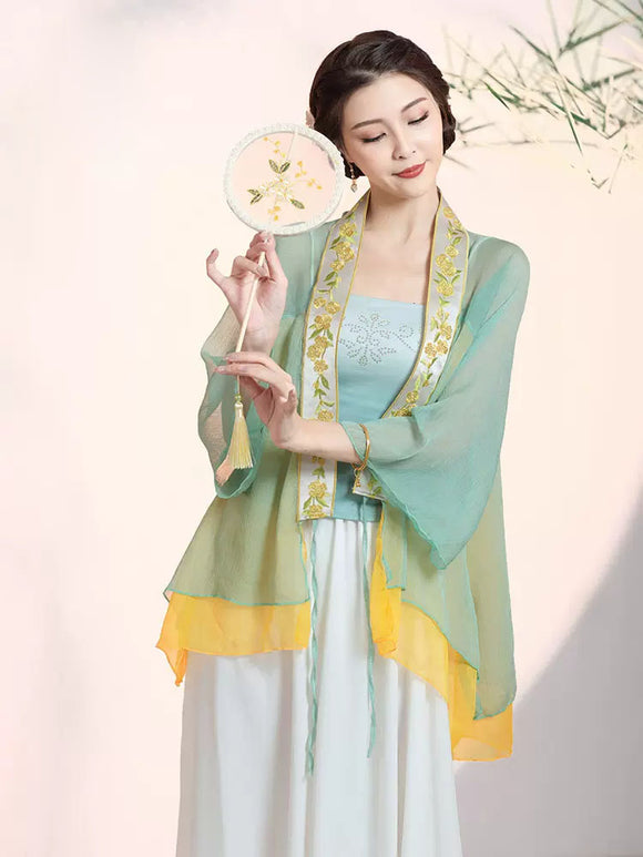 Classical Dance Gauze Top Contrast Color Chiffon Clothing Oriental Style Performance Costume - Dorabear