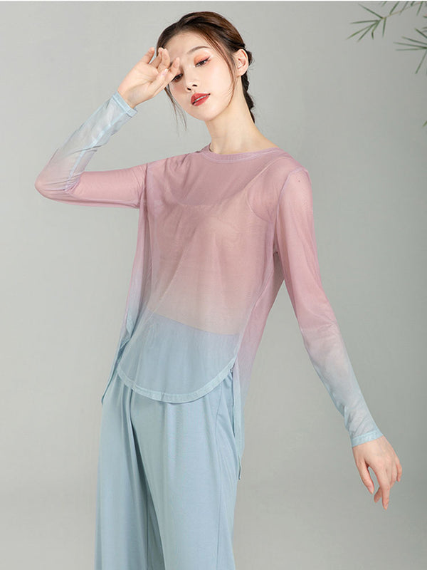 Classical Dance Gradient Gauze Blouse Loose Long Sleeve Chinese Dance Practice Top - Dorabear