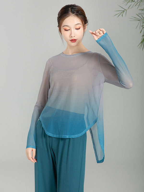 Classical Dance Gradient Gauze Blouse Loose Long Sleeve Chinese Dance Practice Top - Dorabear