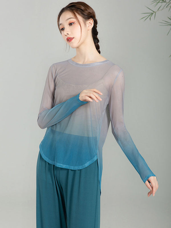 Classical Dance Gradient Gauze Blouse Loose Long Sleeve Chinese Dance Practice Top - Dorabear