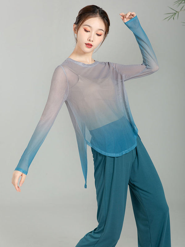 Classical Dance Gradient Gauze Blouse Loose Long Sleeve Chinese Dance Practice Top - Dorabear