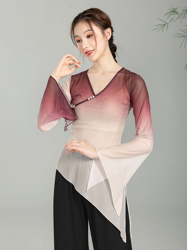 Classical Dance Gradient Pearl Gauze Blouse Chinese Dance Practice Top - Dorabear