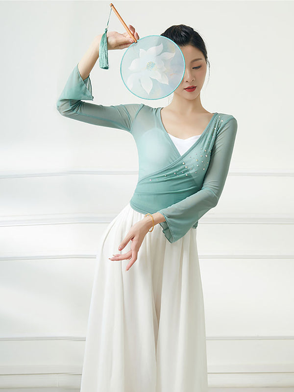 Classical Dance Practice Clothes Oriental Dance Elegant Gauze Shirt Trumpet Long-sleeved Top - Dorabear
