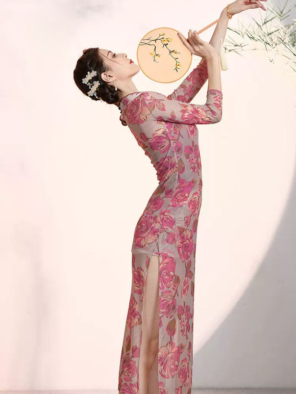 Classical Dance Printed Cheongsam Performance Costume Oriental Style Jasmine Dress Practice Clothes - Dorabear
