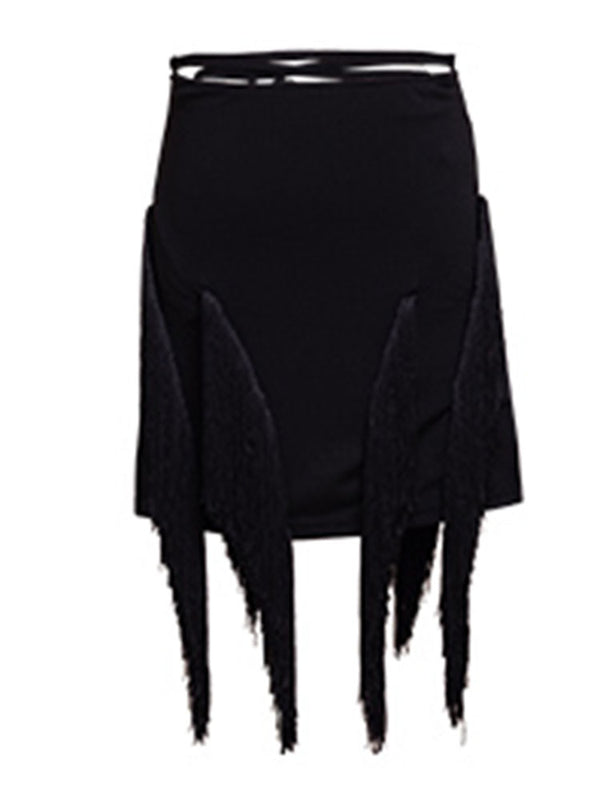 Cross Strap High Slit Fringe Skirt Latin Dance Practice Skirt - Dorabear