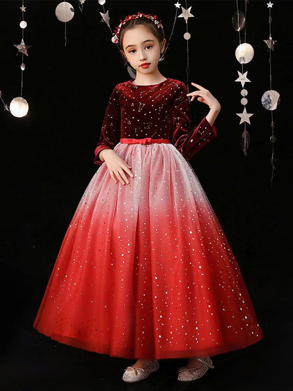 Evening Gown Princess Dress Flower Girls Wedding Dress Long Sleeve Performance Costume - Dorabear