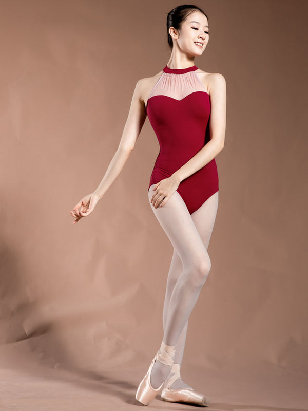 Halter Neck Pleated Mesh Stitching Leotard Ballet Training Clothes - Dorabear