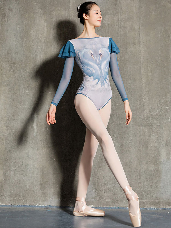 Ballet Leotard Mesh Lotus Leaf Sleeves Printed Practice Clothes - Dorabear