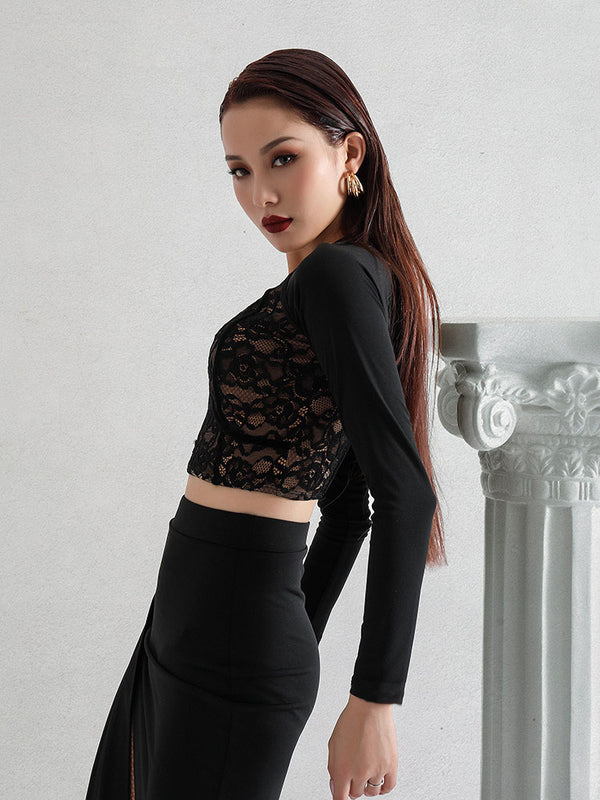 Autumn/Winter Latin Dance V-neck Long-sleeved Lace Top Exercise Clothes - Dorabear