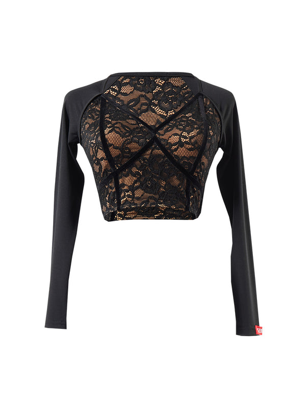 Autumn/Winter Latin Dance V-neck Long-sleeved Lace Top Exercise Clothes - Dorabear