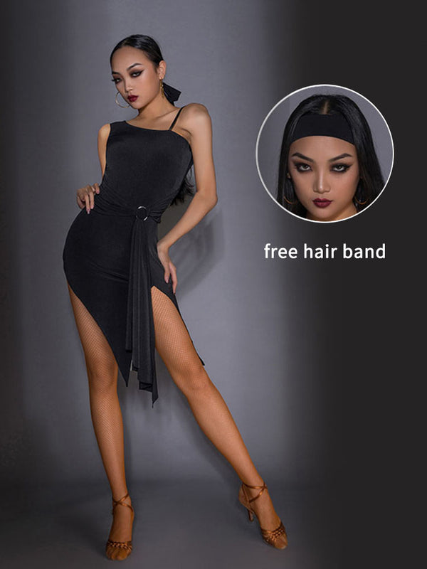 Latin Dance Practice Clothes Alanted Shoulder Irregular Belted Dress - Dorabear