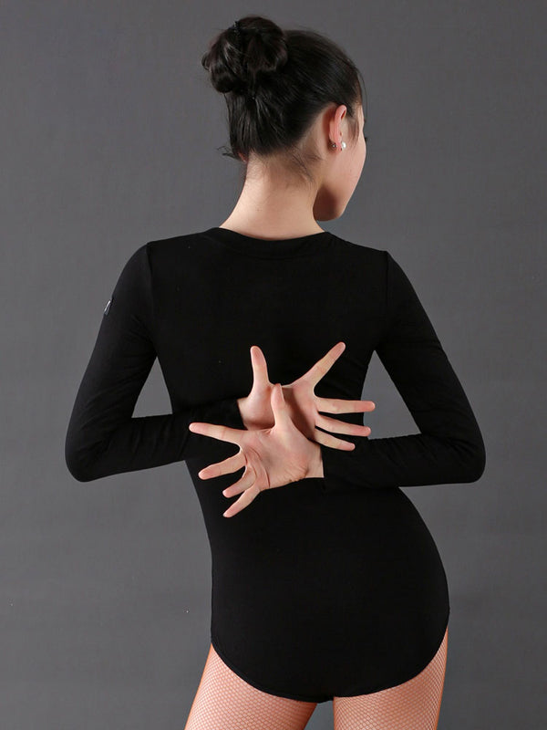 Round Neck Hollow Design Long Sleeve Latin Dance Leotard - Dorabear