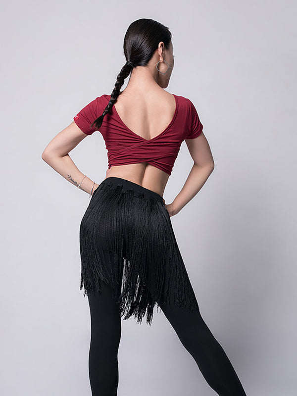 Summer V-neck Shrunk Pleated Backless Latin Dance Top Practice Clothes - Dorabear