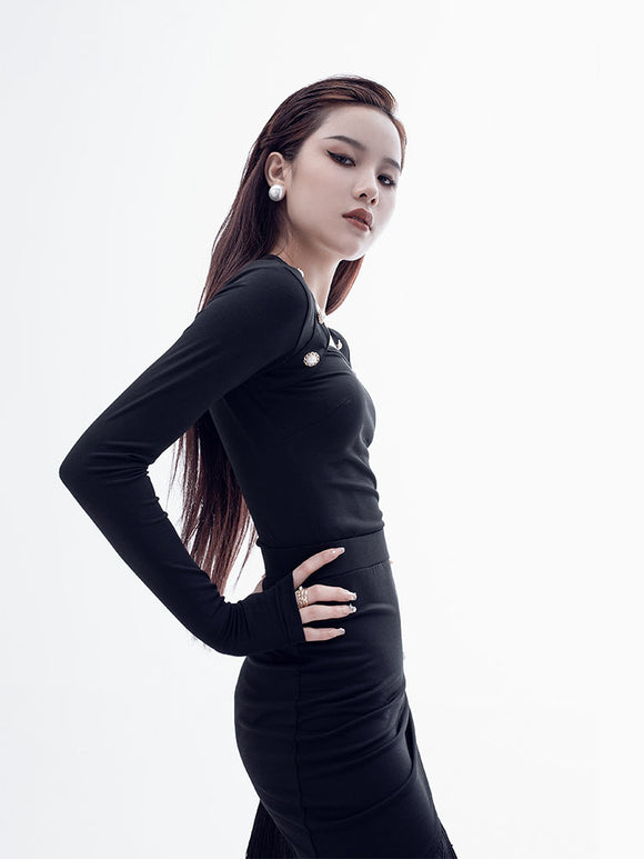 Winter Long-sleeved  Square Collar Exercise Clothes Latin Dance Top - Dorabear