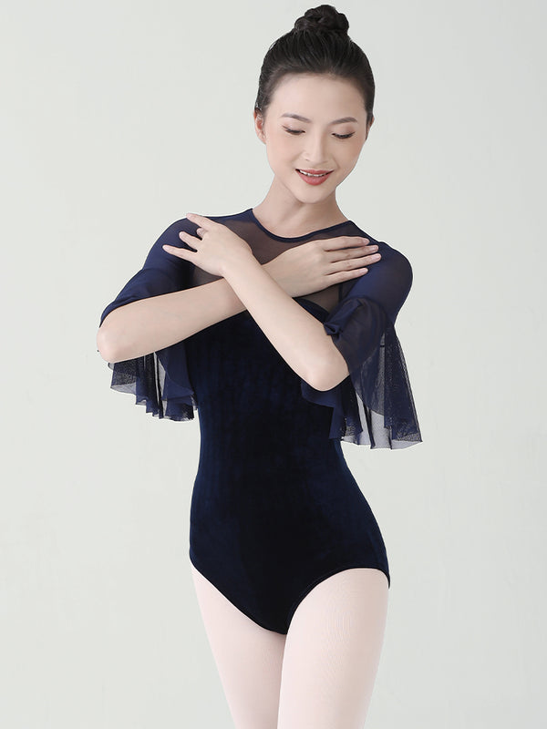 Flared Mid-sleeve Velvet Ballet Practice One-piece Leotard - Dorabear