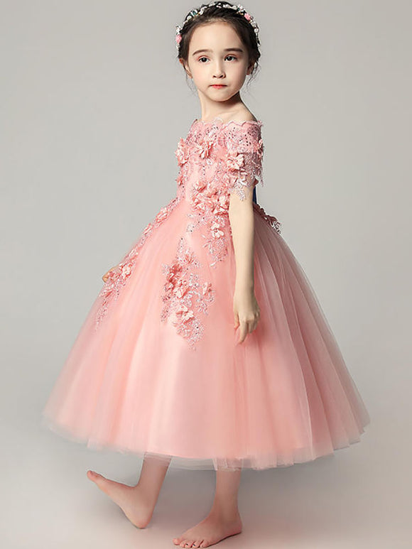 Flower Girl Off-shoulder Evening Gown Princess Dress Girls Piano Performance Costume - Dorabear