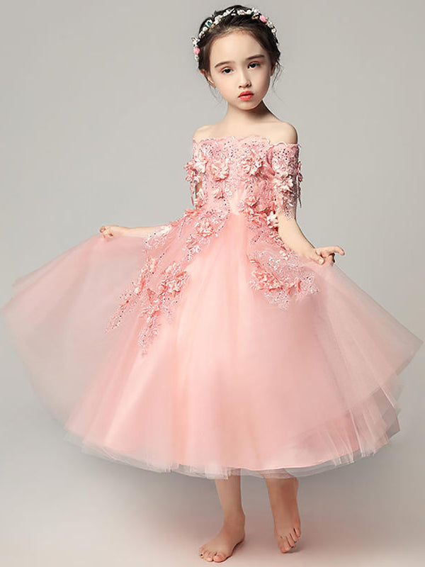 Flower Girl Off-shoulder Evening Gown Princess Dress Girls Piano Performance Costume - Dorabear