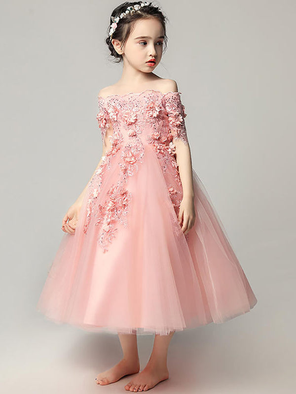 Flower Girl Off-shoulder Evening Gown Princess Dress Girls Piano Performance Costume - Dorabear