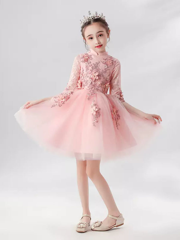 Flower Girl Princess Dress Autumn/Winter Girls' Long Sleeve Gown Puffy Performance Costume - Dorabear