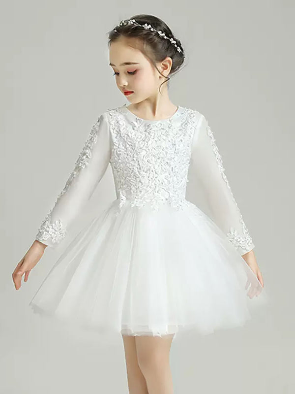 Flower Girl‘s Puffy Gown Wedding Dress Long Sleeve Autumn/Winter Piano Performance Costume - Dorabear