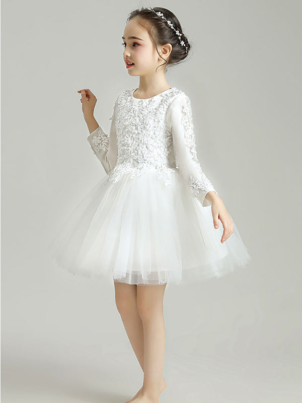 Flower Girl‘s Puffy Gown Wedding Dress Long Sleeve Autumn/Winter Piano Performance Costume - Dorabear