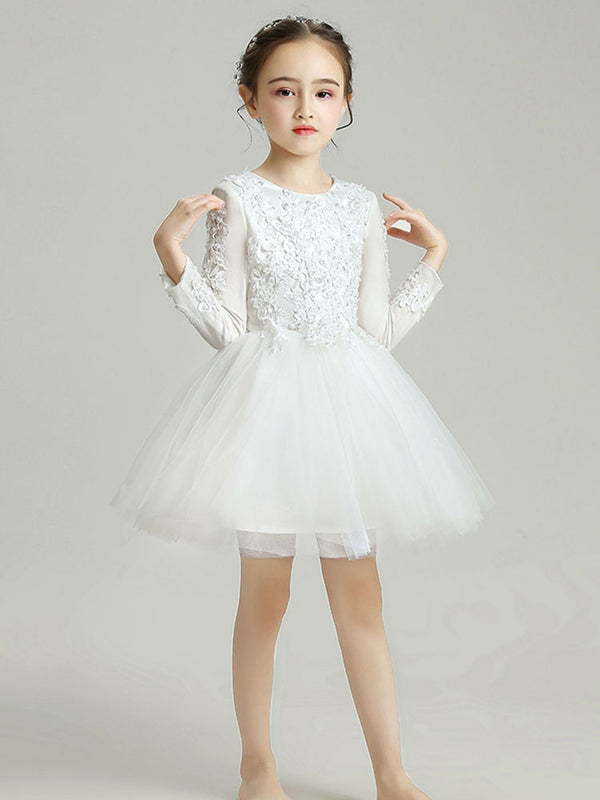 Flower Girl‘s Puffy Gown Wedding Dress Long Sleeve Autumn/Winter Piano Performance Costume - Dorabear