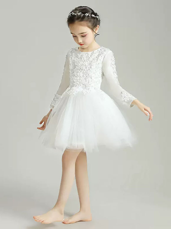 Flower Girl‘s Puffy Gown Wedding Dress Long Sleeve Autumn/Winter Piano Performance Costume - Dorabear