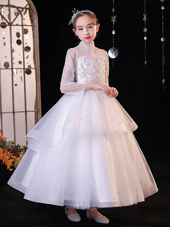 Flower Girl's White Wedding Dress Princess Dress Long Sleeve Performance Costume - Dorabear