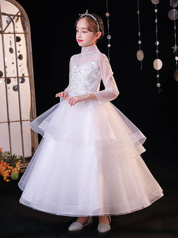 Flower Girl's White Wedding Dress Princess Dress Long Sleeve Performance Costume - Dorabear