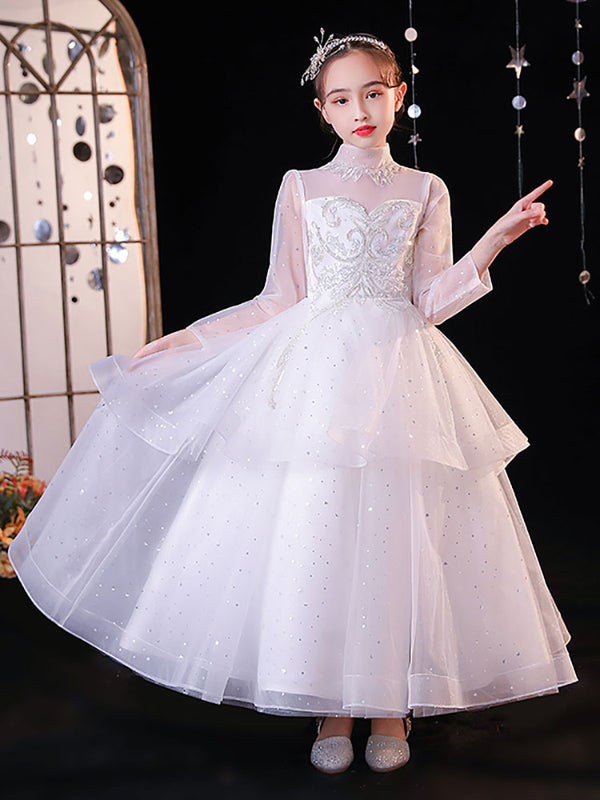 Flower Girl's White Wedding Dress Princess Dress Long Sleeve Performance Costume - Dorabear