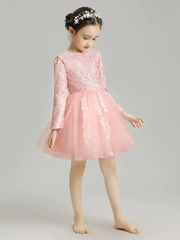 Flower Kid's Long-sleeved Dress Girls Wedding Dress Princess Dress Puffy Piano Performance Costume - Dorabear