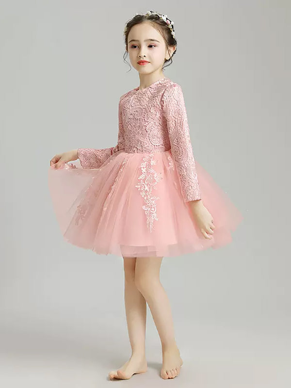 Flower Kid's Long-sleeved Dress Girls Wedding Dress Princess Dress Puffy Piano Performance Costume - Dorabear