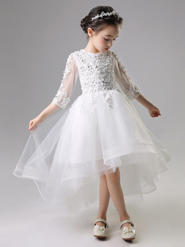 Flower Kid's Wedding Gown Girl Princess Dress Puffy Yarn White Trailing Performance Costume - Dorabear