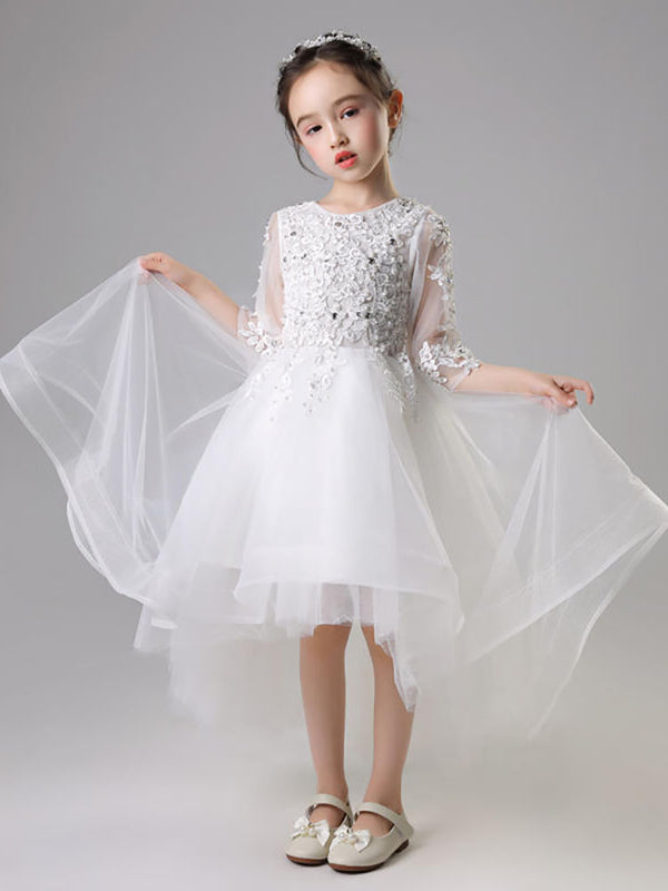 Flower Kid's Wedding Gown Girl Princess Dress Puffy Yarn White Trailing Performance Costume - Dorabear