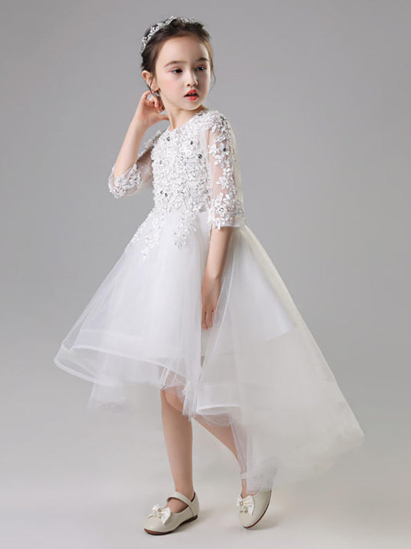 Flower Kid's Wedding Gown Girl Princess Dress Puffy Yarn White Trailing Performance Costume - Dorabear